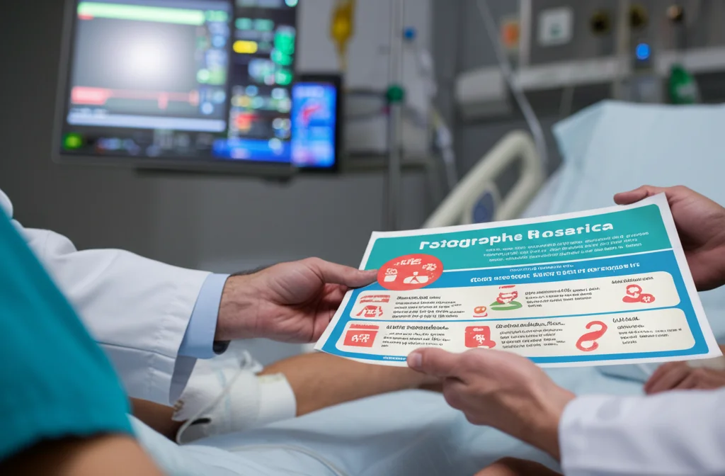 Fotografia realistica dal punto di vista di un paziente in un letto di terapia intensiva (visibili monitor sfocati sullo sfondo). In primo piano, le mani di un coordinatore di ricerca (indossa camice) che mostra gentilmente un'infografica colorata (simile a quella descritta nello studio, con icone e testo chiaro) al paziente o a un familiare seduto accanto al letto. Luce soffusa tipica dell'ICU, ma con un punto luce sull'infografica. Obiettivo 50mm, messa a fuoco selettiva sull'infografica e sulle mani.