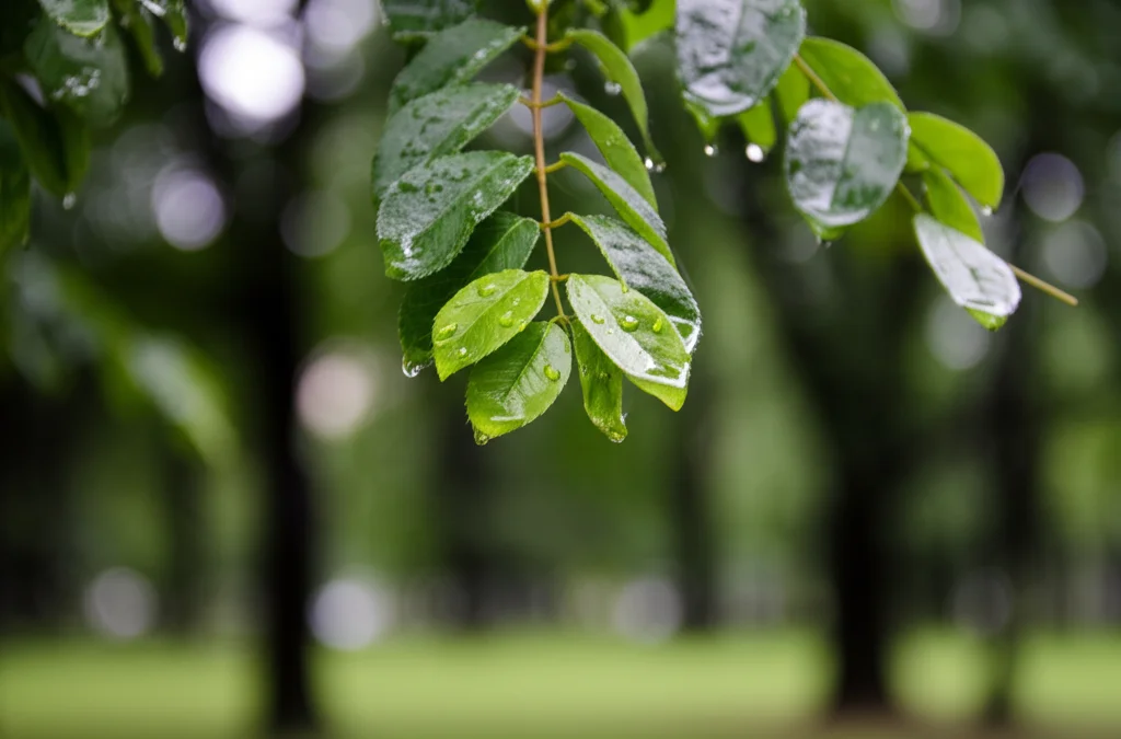 Fotografia dettagliata della chioma di un albero in un parco urbano, con gocce di pioggia sulle foglie che riflettono l'ambiente circostante, lente prime 50mm, profondità di campo ridotta per isolare le foglie, luce naturale dopo un acquazzone.