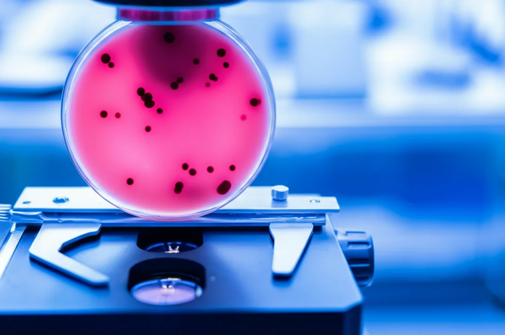 Fotografia di laboratorio, una piastra di Petri contenente un campione di sangue suino sotto un microscopio, messa a fuoco precisa sul campione, illuminazione da laboratorio, lente macro 60mm, alta definizione.