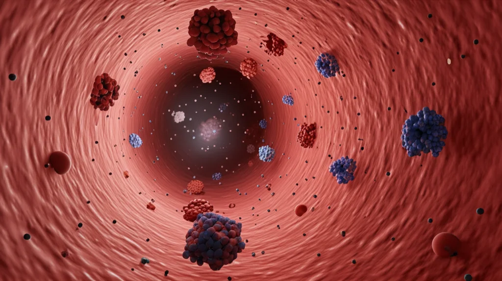 Visualizzazione artistica e astratta di molecole infiammatorie (rosse) e metaboliche (blu) che interagiscono all'interno di un vaso sanguigno stilizzato, high detail, illuminazione drammatica.