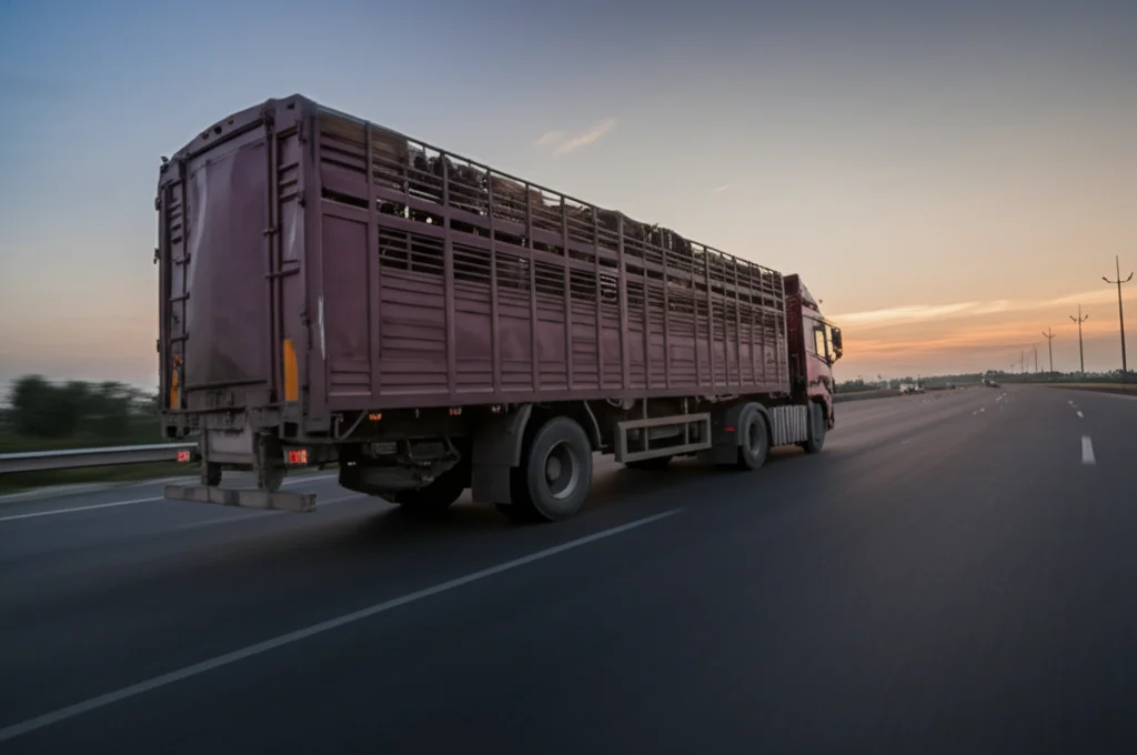 Fotografia di un moderno camion per il trasporto di bestiame che viaggia su un'autostrada cinese al tramonto, teleobiettivo 200mm, leggero motion blur per indicare il movimento, concetto di trasporto e diffusione.