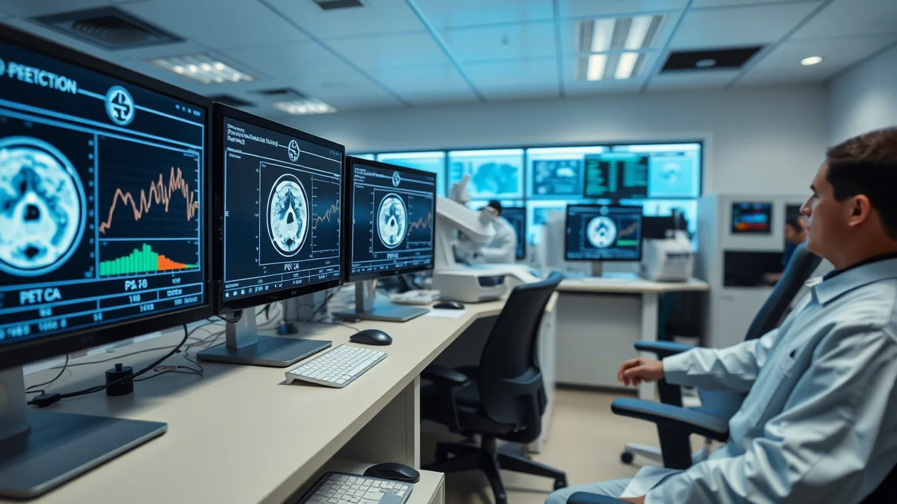 Fotografia grandangolare (obiettivo 10-24mm) di un moderno laboratorio di ricerca medica. In primo piano, schermi di computer mostrano grafici astratti e dati numerici che simulano l'analisi dei tassi di rilevamento della PET/CT in relazione ai livelli di PSA e al punteggio di Gleason. Luce ambientale controllata, messa a fuoco nitida su tutta la scena, sensazione di tecnologia avanzata e analisi dati.