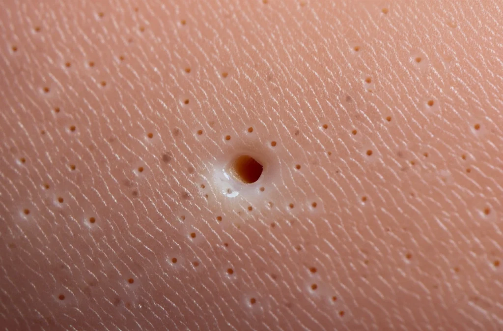 Fotografia macro con lente da 100mm che mostra i piccoli fori lasciati da un cerotto di microaghi su un modello di pelle suina. Alta definizione, illuminazione laterale controllata per enfatizzare la texture della pelle e la precisione dei fori.
