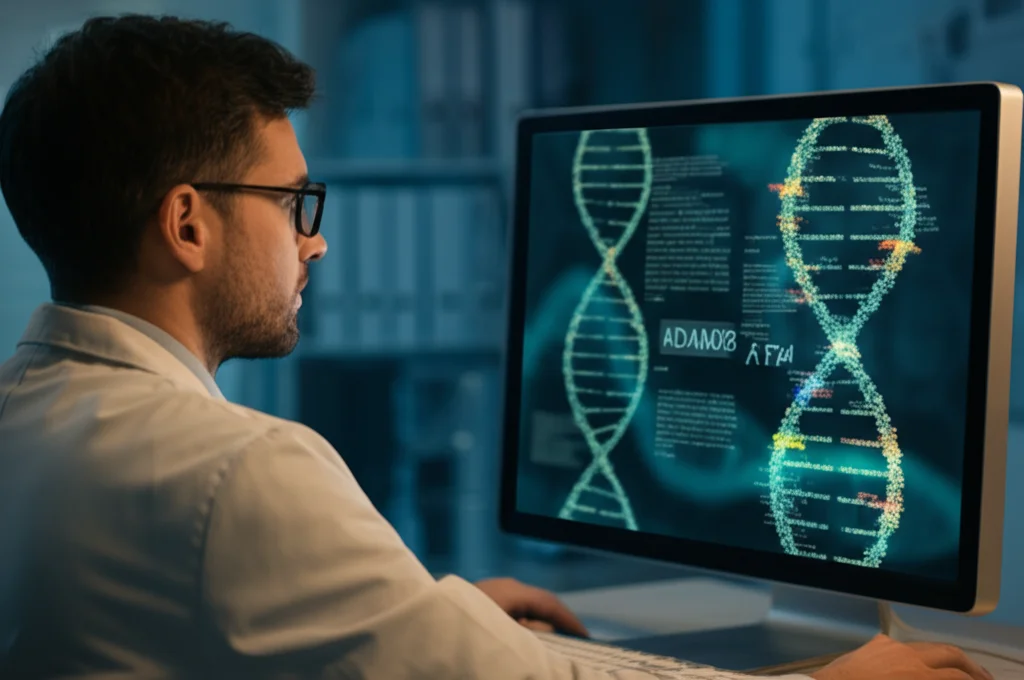 Primo piano di un ricercatore in camice bianco che osserva una visualizzazione computerizzata di una doppia elica di DNA con geni evidenziati (ADAM28, ATF4), profondità di campo ridotta, focus sul volto concentrato del ricercatore e sullo schermo, illuminazione da ufficio/laboratorio, lente 35mm.