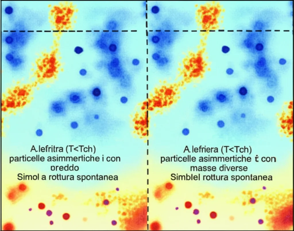 Visualizzazione astratta della simmetria chirale che si rompe e si ripristina. A sinistra (T<Tch), particelle asimmetriche con masse diverse in un ambiente freddo (bluastro), simboleggiando la rottura spontanea. A destra (T>Tch), particelle simmetriche (masse uguali/zero) in un ambiente caldo (rossastro), con livelli energetici bassi occupati (effetto Pauli). Stile: rendering 3D scientifico, illuminazione controllata, alto dettaglio, Macro lens 80mm.” /></p>
<h4>Il Mondo Sopra T<sub>ch</sub>: Mesoni Confinati e Simmetrici</h4>
<p>Se i quark sono ancora confinati sopra T<sub>ch</sub>, cosa forma la materia? Beh, continuano a formare stati legati, in particolare stati tipo mesone (coppie quark-antiquark). Ma questi mesoni sono diversi da quelli che conosciamo a temperatura zero. Ora vivono in un ambiente chiralmente simmetrico. E non solo! Emerge anche un’altra simmetria approssimata, chiamata <b>simmetria chiral-spin</b> (SU(2)<sub>CS</sub> e le sue estensioni), che è una simmetria proprio dell’interazione confinante “elettrica” della QCD. Questa simmetria mescola spin e chiralità ed è rotta nel mondo reale dalla massa dei quark e da altri termini nell’Hamiltoniana QCD. Ma sopra T<sub>ch</sub>, con la simmetria chirale ripristinata e il confinamento ancora dominante, anche questa simmetria più ampia inizia a manifestarsi nel comportamento dei mesoni.</p>
<p>Abbiamo quindi usato il nostro modello per studiare le proprietà di questi mesoni “caldi”, risolvendo l’equazione di Bethe-Salpeter (che descrive gli stati legati) a temperatura finita. E qui è arrivata la vera sorpresa.</p>
<h4>La Sorpresa: Mesoni che si Gonfiano a Dismisura!</h4>
<p>Ci aspettavamo cambiamenti, certo, ma quello che abbiamo trovato è stato sbalorditivo. I mesoni composti da quark leggeri (come i quark up e down che formano pioni e mesoni rho a T=0), quando la temperatura supera T<sub>ch</sub>, subiscono un aumento *drastico* delle loro dimensioni! Il loro raggio quadratico medio (una misura della loro “taglia”) può diventare <b>diverse volte più grande</b> rispetto a quello che hanno a temperatura zero, anche per masse di quark piccole ma realistiche.</p>
<p>E la cosa diventa ancora più estrema se ci avviciniamo al limite teorico di massa dei quark esattamente zero (il limite chirale). In questo limite, il raggio dei mesoni con spin totale J=0 (come il pione e il suo partner scalare, il “sigma”) e J=1 (come il rho e i suoi partner) *diverge*! Diventano infinitamente grandi, pur rimanendo stati legati confinati con una massa ben definita.</p>
<p> <img decoding=