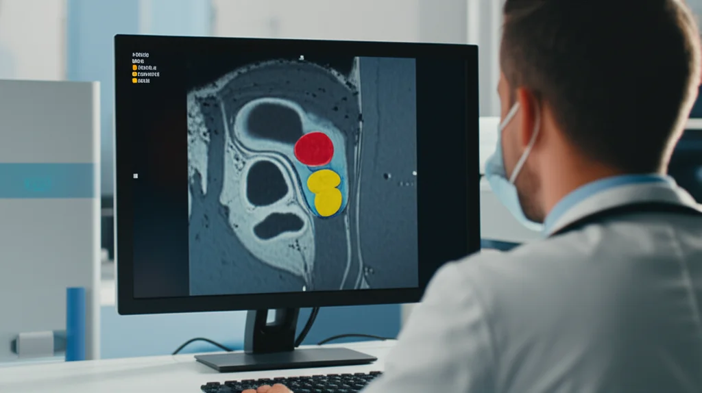 Immagine fotorealistica di uno schermo di computer ad alta definizione che mostra una scansione RM multiparametrica della prostata. Sovrapposte alla scansione, aree colorate evidenziano le lesioni sospette identificate da un algoritmo di deep learning. Illuminazione controllata da laboratorio medico, obiettivo macro 90mm per dettaglio elevato, messa a fuoco precisa sull'interfaccia AI.