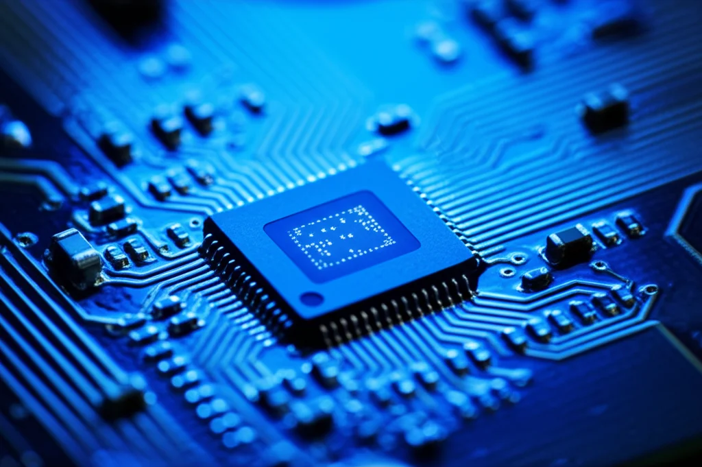 Close-up Macro Shot, obiettivo da 85 mm, di un piccolo sensore IoT incorporato su un circuito, che brillava debolmente blu. Dettagli elevati, messa a fuoco precisa, illuminazione controllata, enfatizzando la piccola scala e la tecnologia.