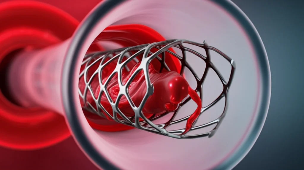 Fotografia macro, obiettivo 80mm, di uno stent coronarico metallico all'interno di un tubo trasparente di piccolo diametro che simula un vaso sanguigno. Si vede del sangue simulato rosso che scorre dinamicamente attorno allo stent. Dettaglio elevato, messa a fuoco precisa, illuminazione controllata da laboratorio.