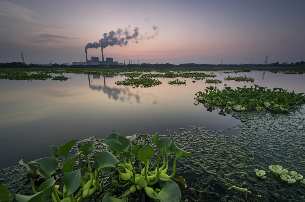 Fotografia paesaggistica grandangolare (18mm) di uno specchio d'acqua vicino a una centrale termoelettrica visibile in lontananza con ciminiere fumanti al tramonto. L'acqua appare torbida e scura, riflettendo il cielo inquinato. Vaste chiazze di Eichhornia crassipes e Pistia stratiotes galleggiano sulla superficie, quasi a voler 'coprire' l'inquinamento. Messa a fuoco nitida sull'acqua e sulle piante in primo piano, lunga esposizione per accentuare l'atmosfera pesante e l'immobilità dell'acqua.