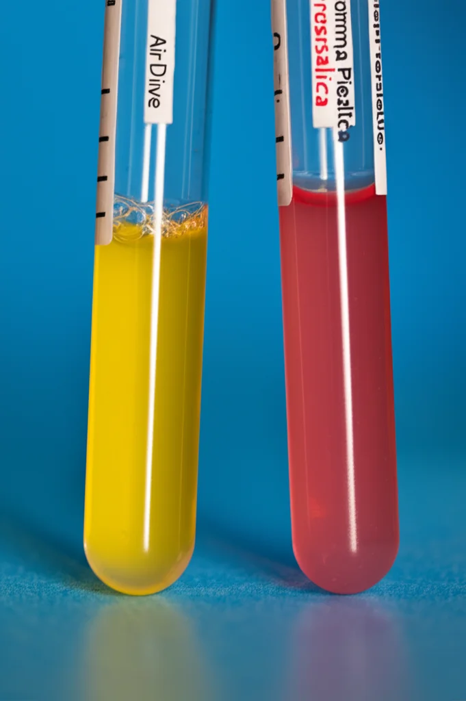 Fotografia still life, obiettivo macro 100mm. Confronto fianco a fianco di due piccole provette contenenti plasma sanguigno. Una provetta (etichettata 'AirDrive') mostra plasma giallo chiaro, l'altra (etichettata 'Pompa Peristaltica') mostra plasma rossastro che indica emolisi. Dettaglio elevato, illuminazione controllata.