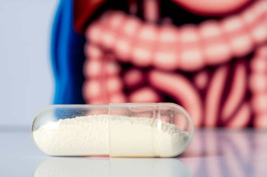 Macro fotografia di un fungo Poria cocos essiccato accanto a una capsula trasparente contenente polvere di polisaccaridi, su uno sfondo sfocato che suggerisce un intestino sano. Obiettivo macro 100mm, illuminazione controllata, alta definizione.