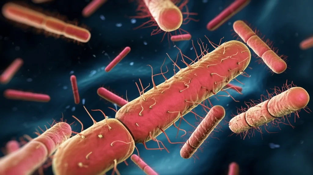 Visualizzazione artistica ma fotorealistica di batteri benefici come Lactobacillus e Bifidobacterium (forme stilizzate ma riconoscibili) che interagiscono con molecole di polisaccaridi in un ambiente che simboleggia l'intestino. Sfondo scuro con luci soffuse, profondità di campo, obiettivo 35mm.