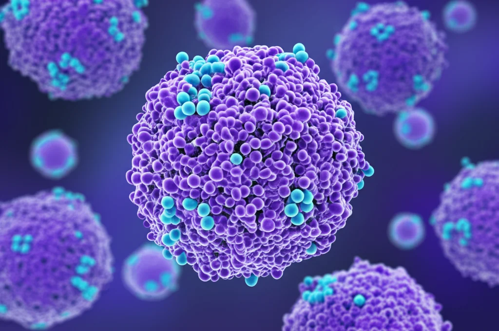 Illustrazione 3D fotorealistica di un anticorpo monoclonale (IC100) che si lega specificamente a un aggregato proteico ASC (speck), visualizzato a livello molecolare con profondità di campo, colori duotone blu e viola, rappresentando l'azione terapeutica mirata.