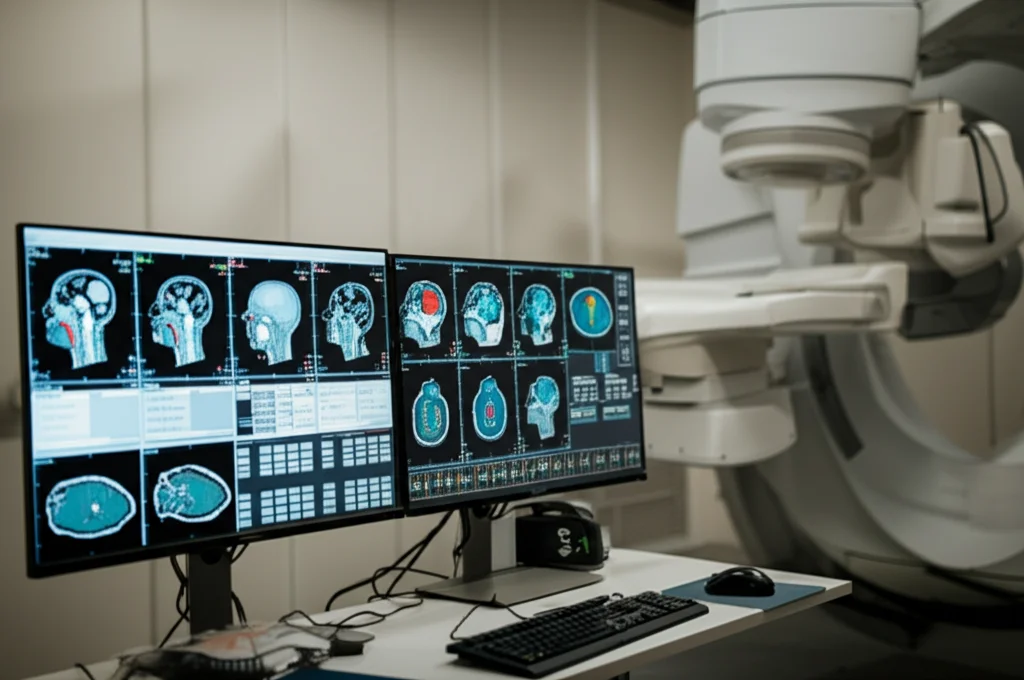 Immagine fotorealistica di una sala di controllo per radioterapia, con schermi che mostrano piani di trattamento IMRT complessi per la testa e il collo, focus nitido sui dettagli dosimetrici, illuminazione controllata, obiettivo macro 80mm.