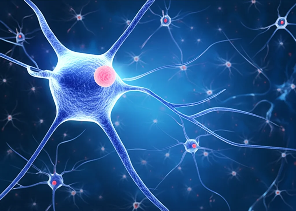 Grafico scientifico astratto che mostra molecole infiammatorie (citochine) che interagiscono con neuroni cerebrali e cellule del sistema immunitario, su sfondo blu scuro. Illuminazione controllata per evidenziare le interazioni, obiettivo macro 100mm per dettagli elevati.