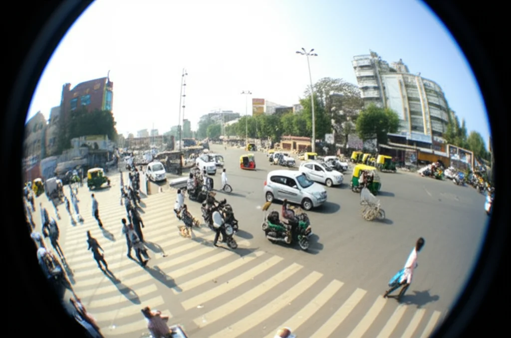 Immagine fotorealistica che utilizza una lente grandangolare (20 mm) che cattura un'intersezione segnalata vivace a Patiala, in India, a mezzogiorno. Mostra un mix diversificato di pedoni che attraversano, alcuni con cautela, alcuni rapidamente, tra auto, auto-risciò e motociclette. Focus forte sulla scena, sottolineando la complessità e la densità del traffico indiano urbano. Luce diurna naturale e brillante.