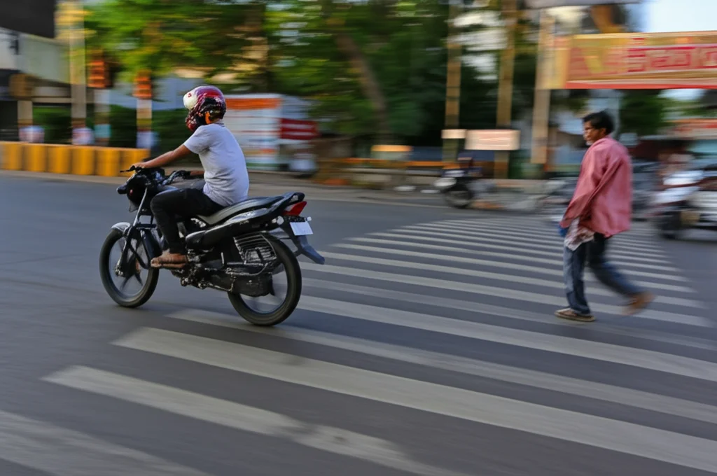 Scatto di movimento fotorealistico usando un teleobiettivo zoom (200 mm) che cattura un momento teso in un incrocio indiano. Una moto (motocicletta) a due ruote evita di un pedone che sta attraversando. La velocità dell'otturatore rapida congela l'azione, il monitoraggio del movimento evidente. Concentrarsi sul punto di interazione, trasmettendo velocità e rischio. Illuminazione nel tardo pomeriggio.