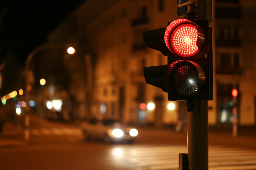 Immagine fotorealistica di un incrocio cittadino di notte, un semaforo a LED rosso acceso in primo piano, sullo sfondo un'auto moderna ferma con i fari a LED bianchi accesi che illuminano la strada. Obiettivo prime 35mm, profondità di campo ridotta per focalizzare sul semaforo, atmosfera leggermente noir.