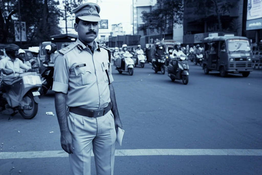 Ritratto fotorealistico che utilizza una lente primaria (50 mm) di un ufficiale di polizia in uniforme che gestisce attivamente il traffico in un incrocio indiano impegnato. Concentrati sull'ufficiale, profondità di campo che sfoca il caos di fondo. Illuminazione naturale, catturando un senso di autorità e ordine nel flusso del traffico. Effetto duotone, forse blu e grigio, per enfasi.