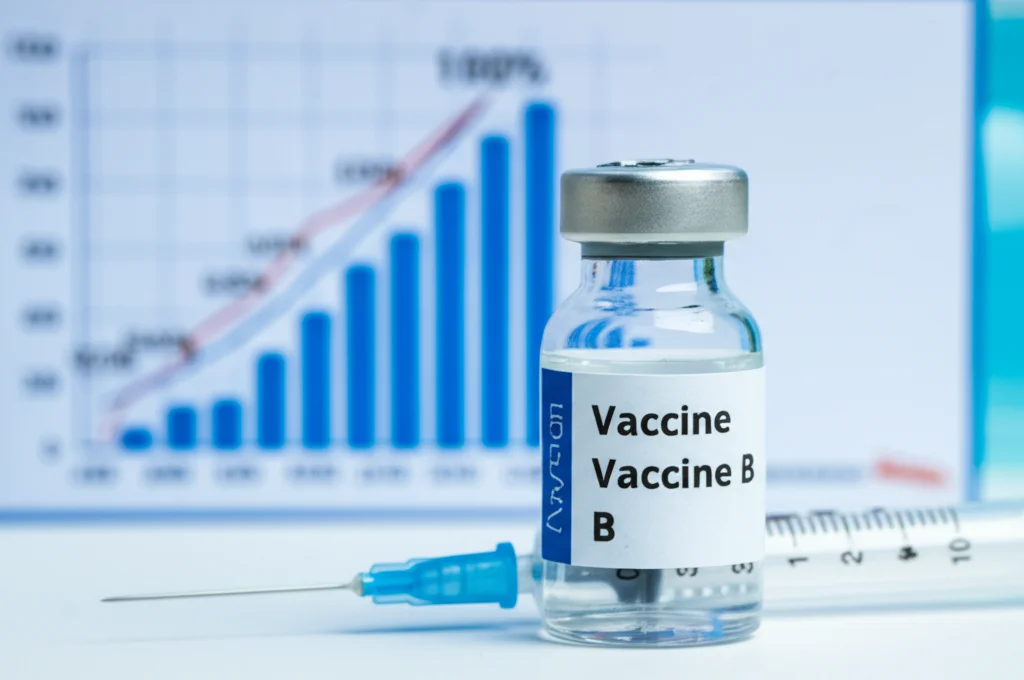 Immagine fotorealistica di un flaconcino di vaccino contro l'epatite B appoggiato su un tavolo da laboratorio, con accanto una siringa. Sullo sfondo, sfocato, si intravede un grafico stilizzato che mostra una curva di efficacia inferiore al 100%. Obiettivo macro 100mm, alta definizione, illuminazione controllata da studio.