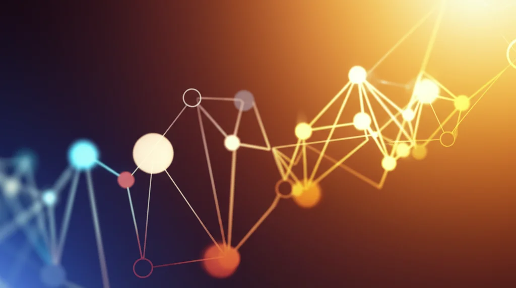 Visualizzazione astratta del concetto di 'memoria' nel calcolo frazionario. Una linea temporale curva che si estende dal passato al presente, con nodi di intensità decrescente che rappresentano l'influenza degli stati passati. Colori caldi per il passato recente, freddi per il passato lontano. Effetto profondità di campo, obiettivo 35mm.