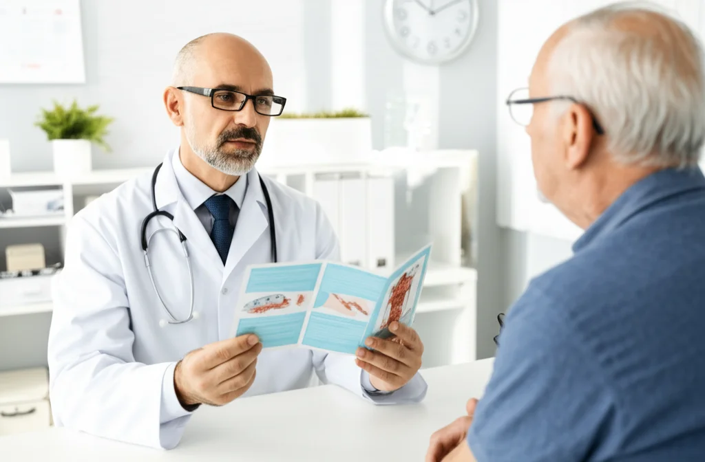 Fotografia di un medico reumatologo che mostra un opuscolo informativo sulle vaccinazioni a un paziente in uno studio medico luminoso. Obiettivo 50mm, profondità di campo media, luce naturale laterale.
