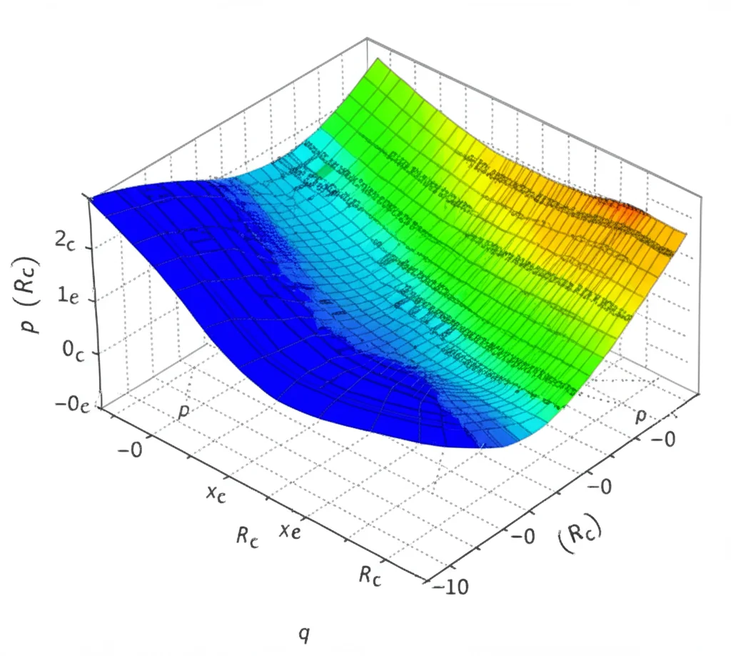 Grafico 3D fotorealistico che mostra come il numero di riproduzione Rc (asse Z) cambia in funzione del tasso di vaccinazione q (asse X) e dell'efficacia del vaccino p (asse Y). La superficie mostra una discesa verso valori bassi di Rc quando q e p sono alti. Illuminazione chiara, colori vivaci per la superficie, assi etichettati.