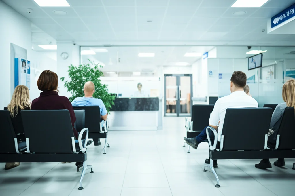 Fotografia grandangolare 24mm che mostra una sala d'attesa di un ospedale moderno e pulito, con persone di diverse età sedute, simboleggiando l'accesso alle cure mediche. Luce ambientale brillante, messa a fuoco nitida.