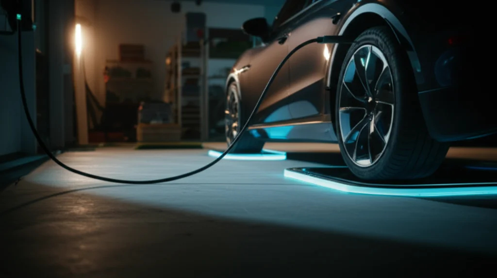 Foto realistica di un'auto elettrica moderna parcheggiata di notte in un garage domestico, collegata a una stazione di ricarica wireless a pavimento. Luce ambientale soffusa, focus sulla piastra di ricarica illuminata a terra e sulla parte inferiore dell'auto. Obiettivo prime 35mm, profondità di campo per sfocare leggermente lo sfondo.