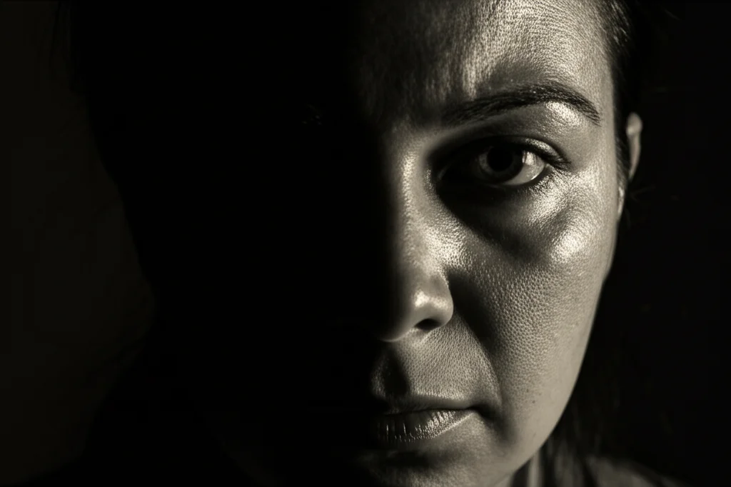 Primo piano ritratto fotografico di una persona con espressione pensierosa e combattuta, metà viso illuminato da una luce calda e gentile, l'altra metà in ombra profonda con sguardo critico. Obiettivo 50mm, profondità di campo ridotta per isolare il soggetto, duotone caldo/freddo per simboleggiare il conflitto interiore tra autocritica e autocompassione.