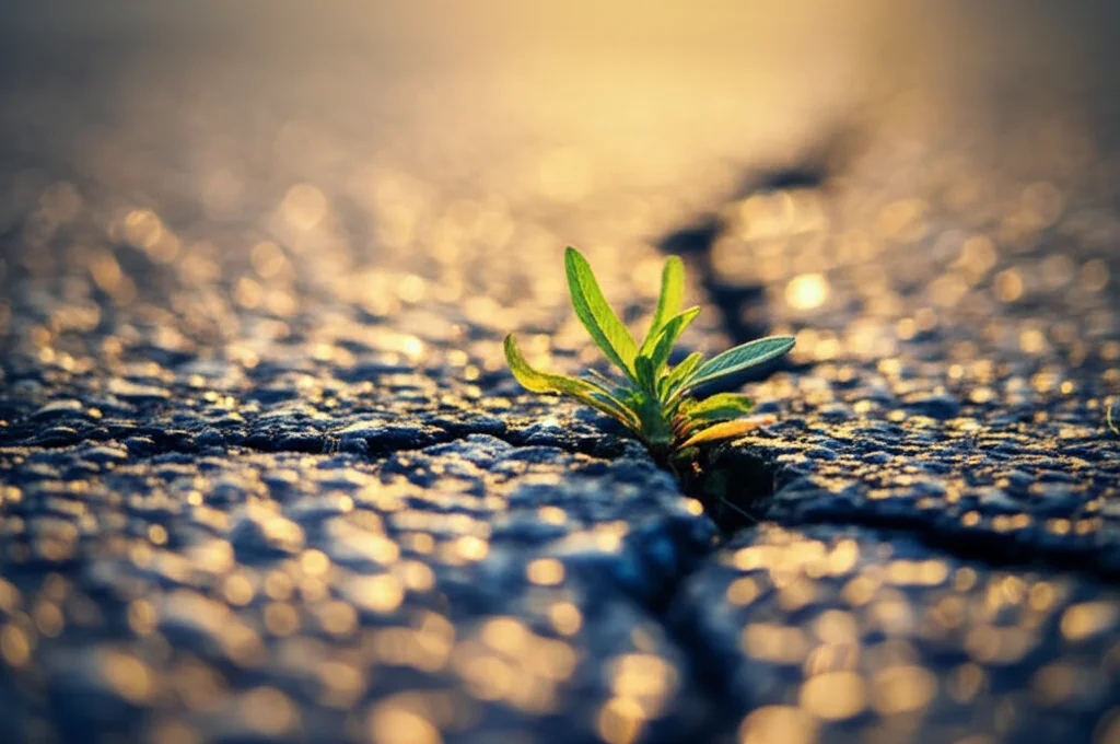 Fotografia macro di una pianta resiliente che cresce attraverso una crepa nell'asfalto, obiettivo macro 100mm, alta definizione per mostrare i dettagli della pianta e della texture ruvida dell'asfalto, luce naturale del mattino che simboleggia la speranza e la crescita nonostante le avversità, rappresentando la flessibilità psicologica.