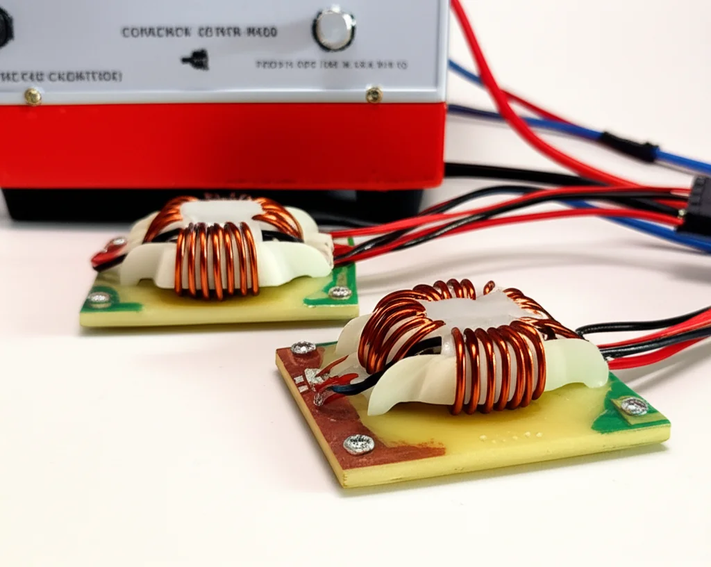 Immagine macro fotorealistica di due diverse piastre di ricarica induttiva (una circolare, una a doppia D) affiancate su un banco di laboratorio. Dettagli elevati sui fili di litz e sui nuclei di ferrite. Illuminazione controllata da studio, obiettivo macro 100mm, messa a fuoco precisa sui componenti.