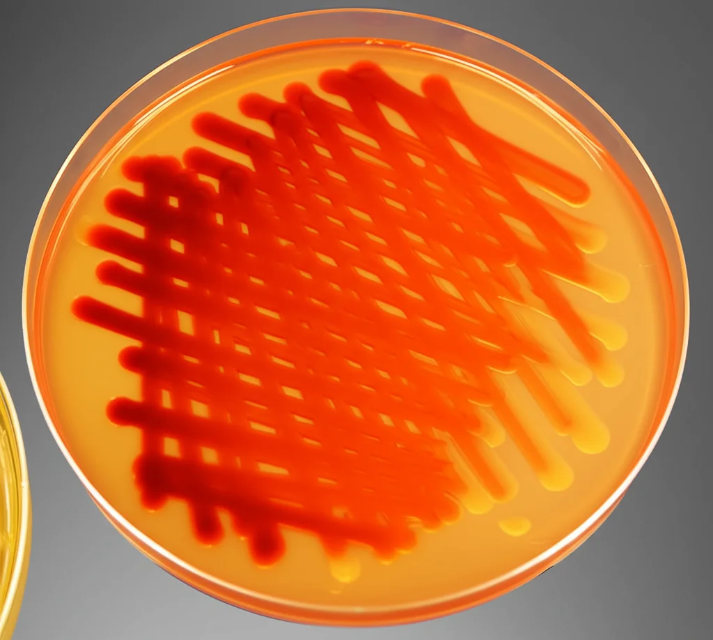 Macro fotografia di distintive colonie di streptococcus agalactiae che crescono su una piastra Chromagar Strepb Petri in un ambiente di laboratorio, alti dettagli, messa a fuoco precisa, illuminazione controllata, lente macro da 100 mm.