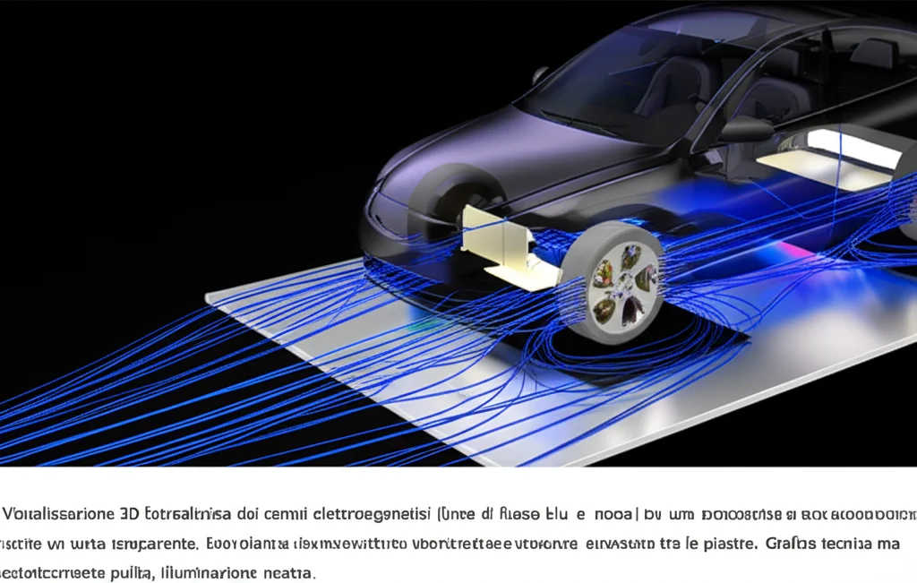 Visualizzazione 3D fotorealistica dei campi elettromagnetici (linee di flusso blu e rosse) tra una piastra trasmittente a terra e una ricevente sotto un'auto elettrica trasparente. Le linee sono contenute nello spazio tra le piastre. Grafica tecnica ma esteticamente pulita, illuminazione neutra.