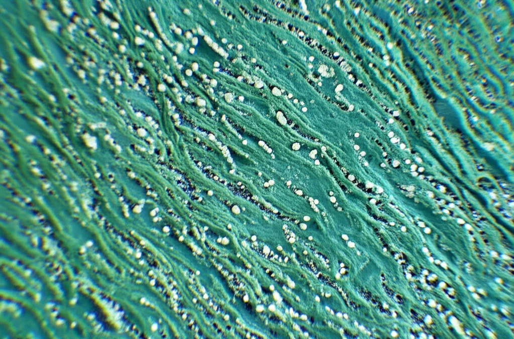 Macro fotografia, obiettivo 100mm, della superficie interna di un bronco umano, mostrando cellule epiteliali con goccioline di muco visibili, alta definizione, illuminazione controllata per evidenziare la texture, rappresentando l'ipersecrezione mucosa indotta da IL-13.