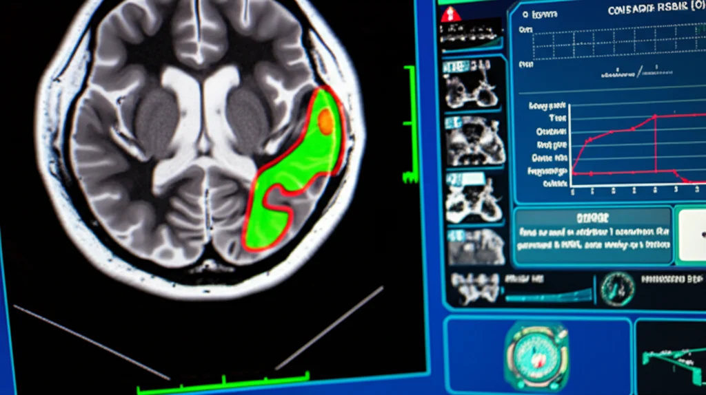 Immagine fotorealistica che mostra una schermata di computer con una scansione MRI del cervello. Accanto, un'interfaccia grafica futuristica evidenzia in colori diversi (rosso, verde, giallo) le aree del tumore segmentate dal modello HLNet, mostrando la precisione del contorno. Macro lens, 80mm, high detail, controlled lighting.