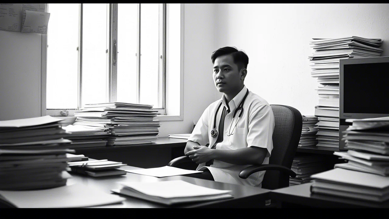 Ritratto di un giovane medico filippino pensieroso seduto alla sua scrivania in un ufficio governativo spartano, circondato da pile di documenti. Obiettivo 35mm, luce naturale dalla finestra, profondità di campo media, bianco e nero film.