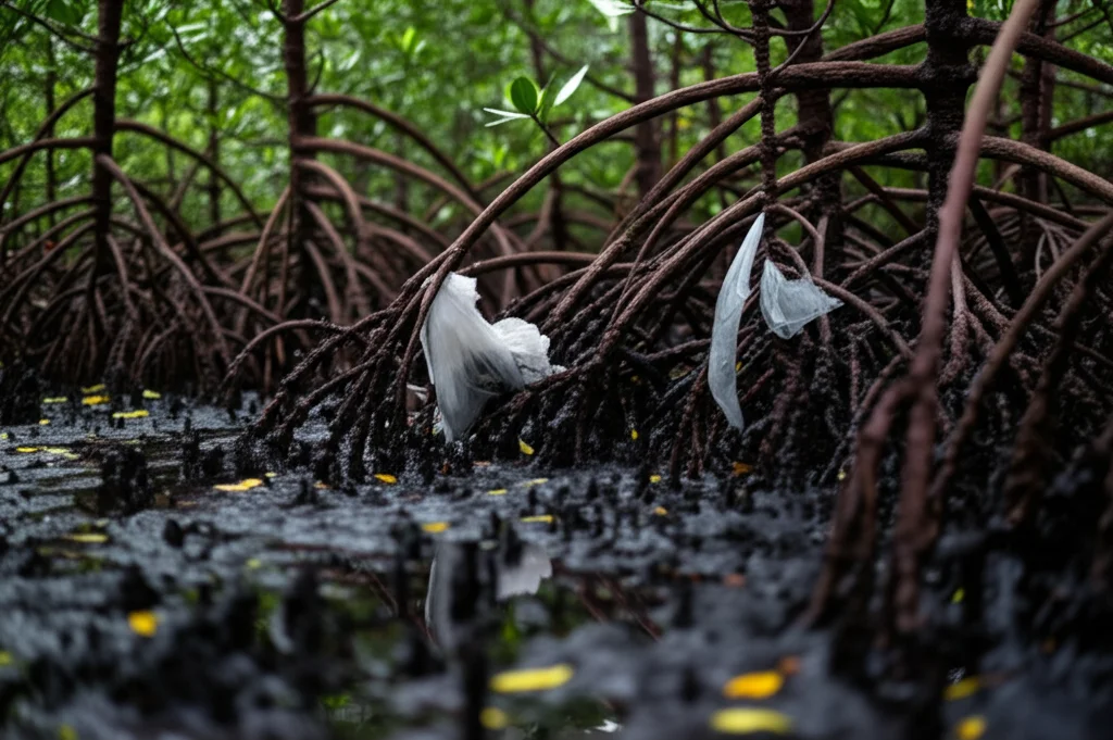 Fotografia teleobiettivo, obiettivo 200mm, che mostra radici di mangrovia intricate e coperte da limo scuro, con evidenti sacchetti di plastica strappati e impigliati tra di esse. Profondità di campo ridotta per isolare i dettagli della plastica intrappolata, luce naturale filtrata dalla chioma delle mangrovie, creando un'atmosfera cupa.