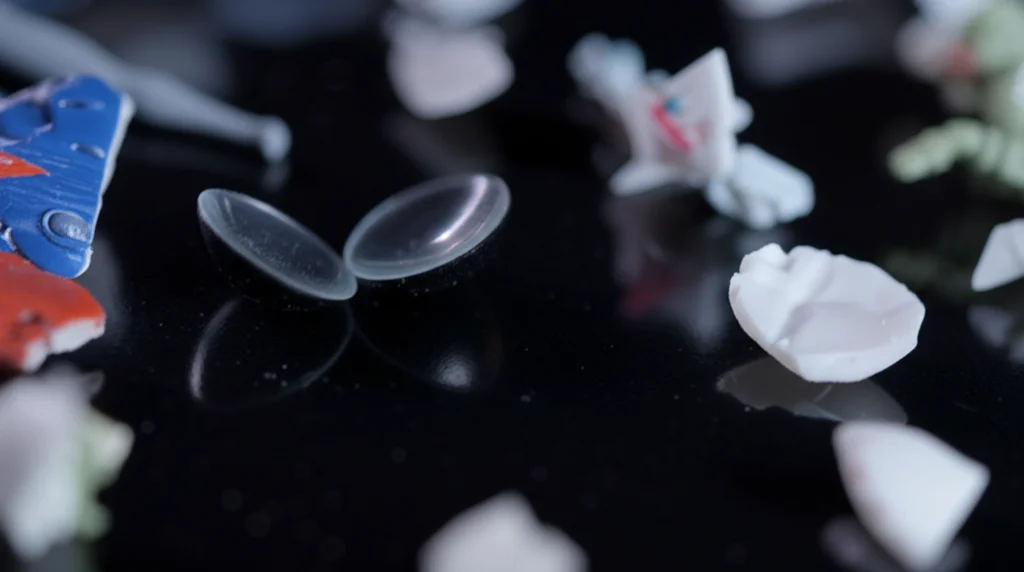 Lenti macro, 60mm, primo piano su pezzi frammentati di una serie diversificata di modelli di personaggi di videogiochi sparsi su una superficie oscura e riflettente, che rappresentano stereotipi rotti e intersezionalità, dettagli elevati, messa a fuoco precisa, illuminazione drammatica controllata.