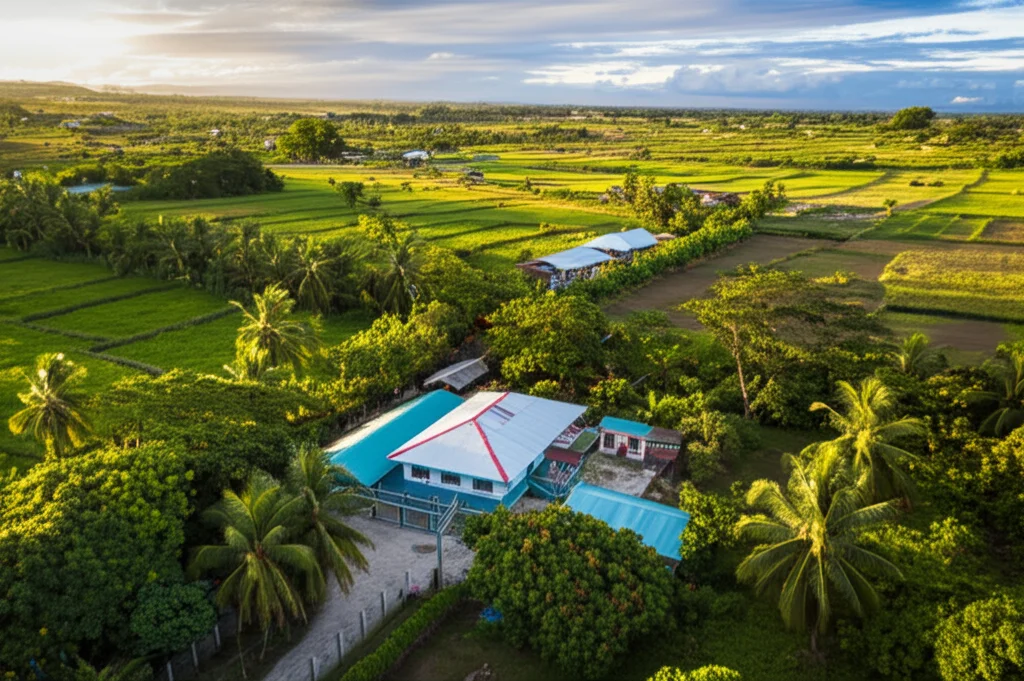 Ampia veduta aerea di un paesaggio rurale filippino con un piccolo centro sanitario comunitario al centro. Obiettivo grandangolare 15mm, luce del tardo pomeriggio, messa a fuoco nitida su tutto il panorama, colori vividi.