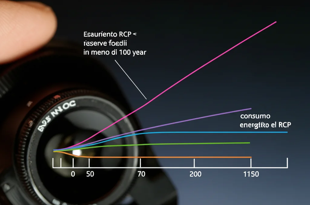 Grafico stilizzato che mostra diverse curve di crescita esponenziale del consumo energetico che si appiattiscono a diversi livelli (simili agli scenari RCP), con una linea temporale che indica l'esaurimento delle riserve fossili in meno di 100 anni. Fotografia di un oggetto, obiettivo macro 80mm, alta definizione, illuminazione controllata e precisa.