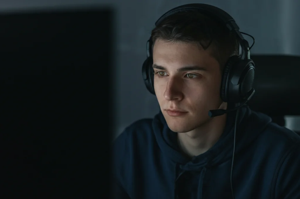 Portrait Photography, lente Prime da 35 mm, un giocatore che indossa cuffie si trova in una stanza scarsamente illuminata illuminata solo da uno schermo di monitor off-camera, il loro viso parzialmente oscurato dall'ombra, trasmettendo contemplazione e identità nascosta, profondità di campo, stile Noir.