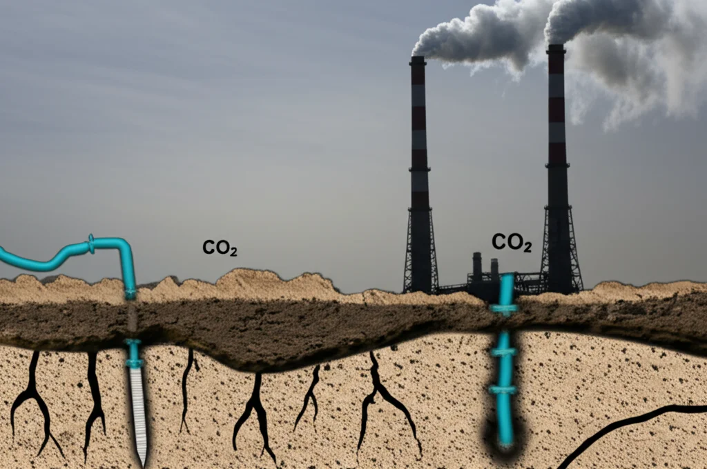 Immagine concettuale che mostra ciminiere industriali che emettono CO2, con tubi che cercano di catturarla e iniettarla sottoterra in una formazione geologica porosa che sembra già piena o instabile, con crepe visibili. Fotografia grandangolare 20mm, messa a fuoco nitida, atmosfera leggermente cupa e industriale.