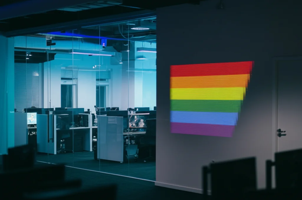 Lente grandangolare, 15 mm, vista di un elegante e moderno studio di sviluppo di giochi di interni di notte, pareti di vetro che rivelano file di computer, un grande logo aziendale su una parete è temporaneamente sovrapposto con una bandiera arcobaleno luminosa e leggermente pixelata che sembra fuori luogo, lunga esposizione, focus acuto.