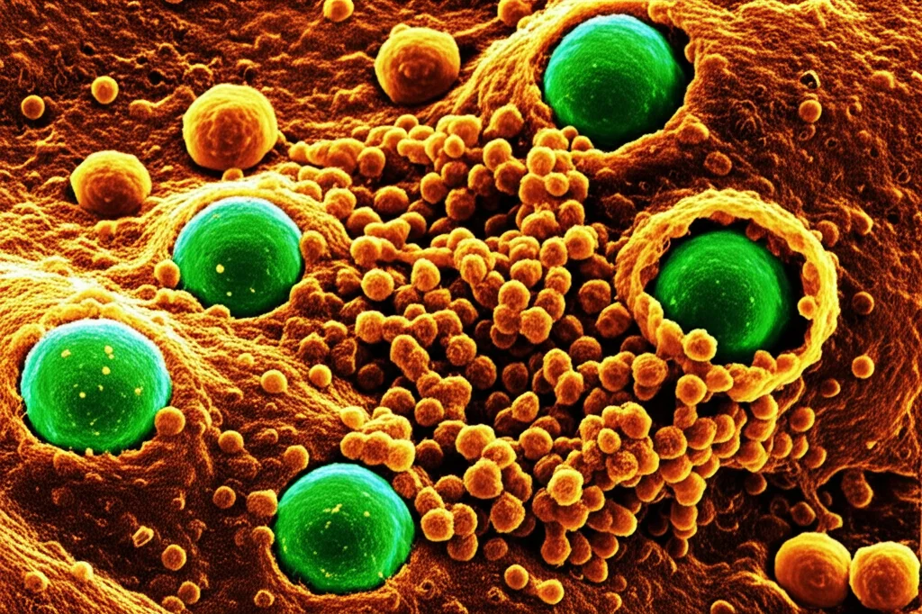 Micrografia elettronica simulata ad altissimo dettaglio di una cellula proto-eucariotica infettata, che mostra una complessa 'fabbrica virale' (viroplasma) antica dei Nucleocytoviricota con virioni in assemblaggio al suo interno, obiettivo macro 100mm, illuminazione interna simulata, focus nitido sulla struttura della fabbrica, contesto cellulare primitivo.