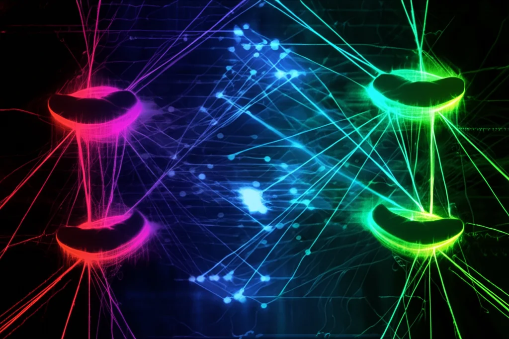 Illustrazione concettuale dei tre metodi XAI white-box (LRP, IG, DeepLift) che analizzano una rete neurale stilizzata per evidenziare i percorsi di decisione, fotografia astratta high-tech, obiettivo prime 50mm, colori al neon su sfondo scuro.