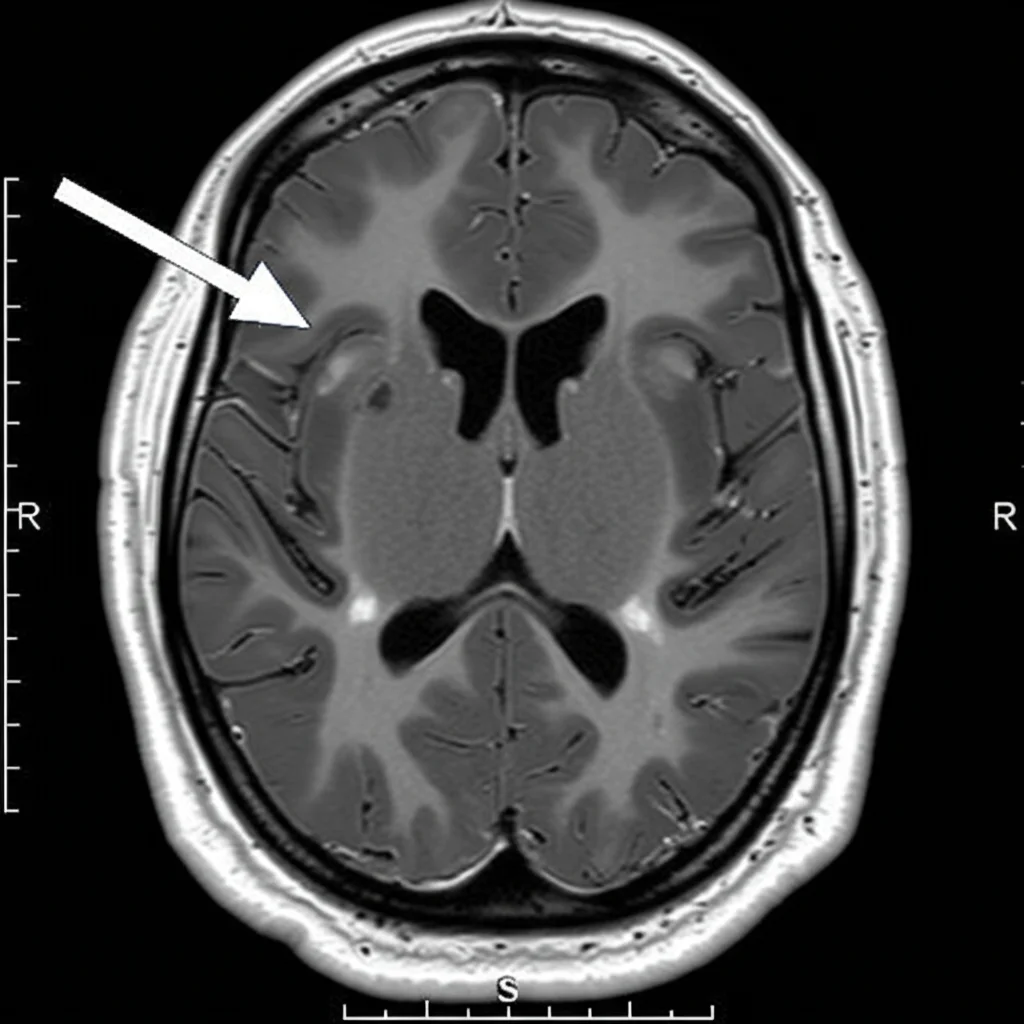 Immagine di una Risonanza Magnetica (MRI) cerebrale in sezione assiale, con una freccia che indica una lesione infiltrativa nel talamo sinistro, immagine medica ad alto contrasto per evidenziare le anomalie tissutali, focus nitido.