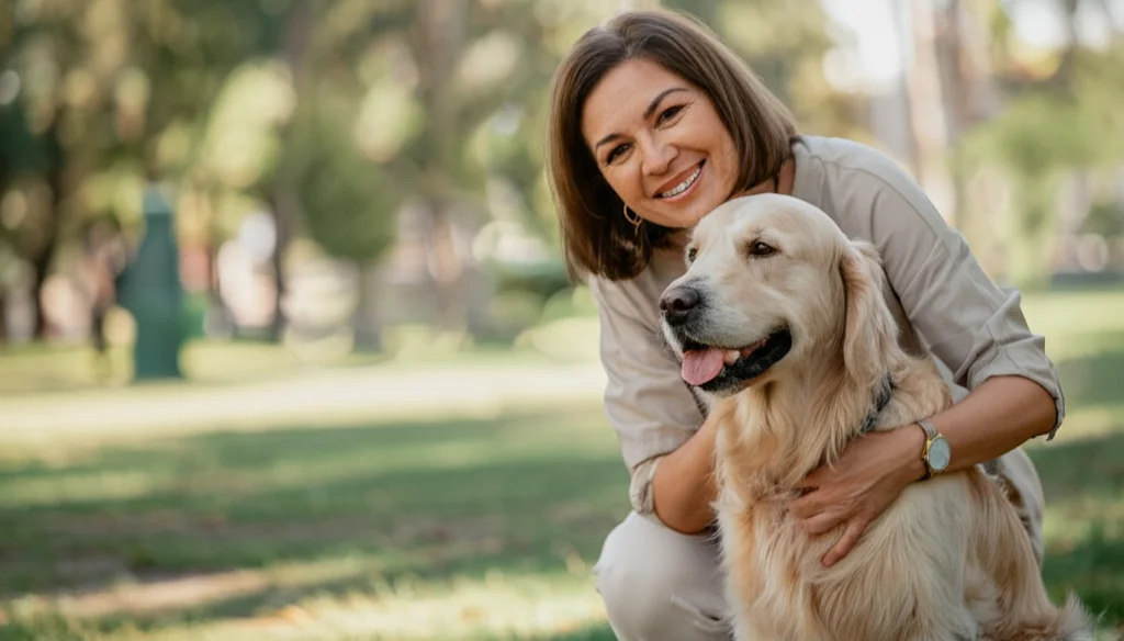 Primo piano fotorealistico di una donna di mezza età sorridente che accarezza affettuosamente il suo golden retriever in un parco soleggiato. Obiettivo prime 35mm, profondità di campo ridotta per sfocare lo sfondo, luce naturale calda.