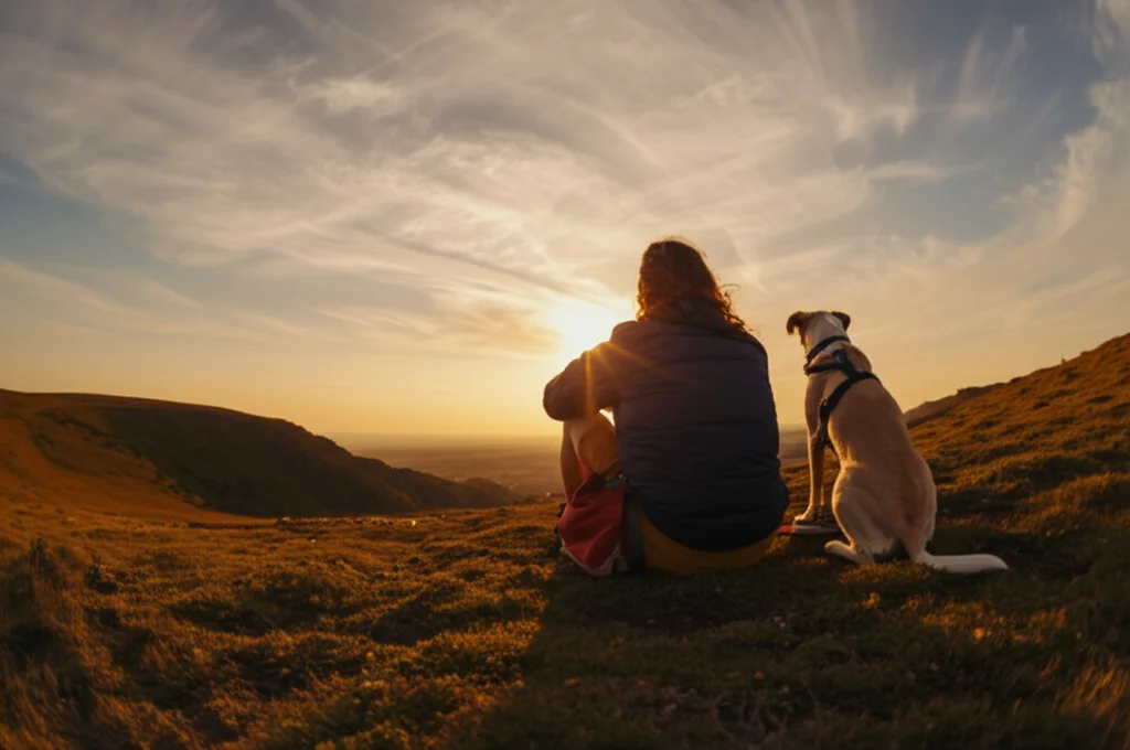 Fotografia grandangolare di un paesaggio emotivo: una persona seduta su una collina al tramonto, con il suo cane accucciato fedelmente accanto, che guarda verso l'orizzonte. Obiettivo wide-angle 20mm, lunga esposizione per nuvole soffici, colori caldi del tramonto, messa a fuoco nitida sulla coppia.