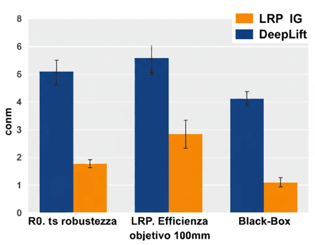 Grafico comparativo stilizzato che mostra le performance dei metodi XAI white-box (LRP, IG, DeepLift) rispetto ai black-box su diverse metriche (barre colorate per robustezza, efficienza, etc.), fotografia still life, obiettivo macro 100mm, alta definizione, illuminazione da studio.